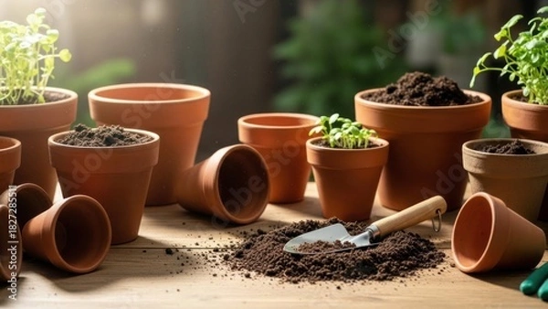 Fototapeta Earthenware Elegance: A Collection of Clay Pots and Soil, Ready for Planting Season