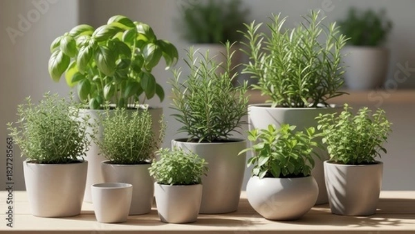 Obraz Fresh Culinary Herbs Growing in Pots on a Wooden Table, Natural Light and Clean White Background