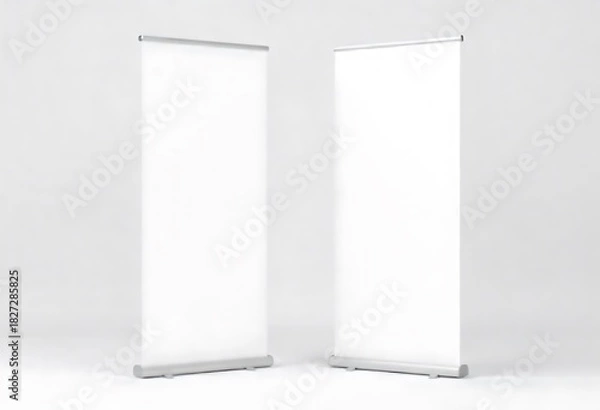 Obraz Roll-up banner mockup isolated on a clean white background, ideal for advertising, trade shows, presentations, branding, marketing materials, and commercial display design with a professional vertical