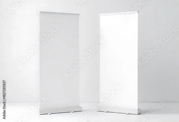 Obraz Roll-up banner mockup isolated on a clean white background, ideal for advertising, trade shows, presentations, branding, marketing materials, and commercial display design with a professional vertical