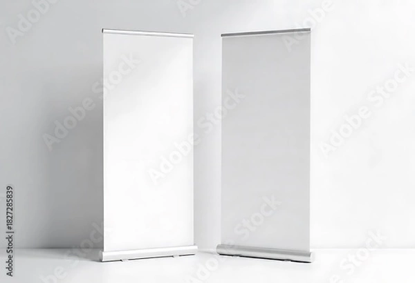 Fototapeta Roll-up banner mockup isolated on a clean white background, ideal for advertising, trade shows, presentations, branding, marketing materials, and commercial display design with a professional vertical