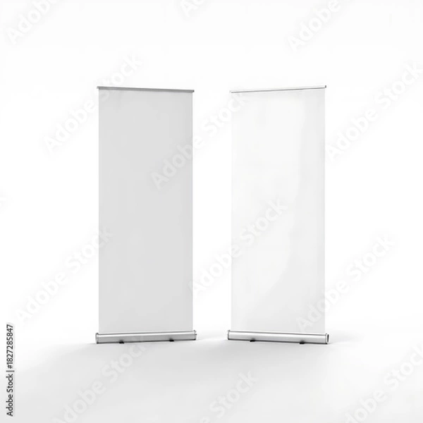Obraz Roll-up banner mockup isolated on a clean white background, ideal for advertising, trade shows, presentations, branding, marketing materials, and commercial display design with a professional vertical