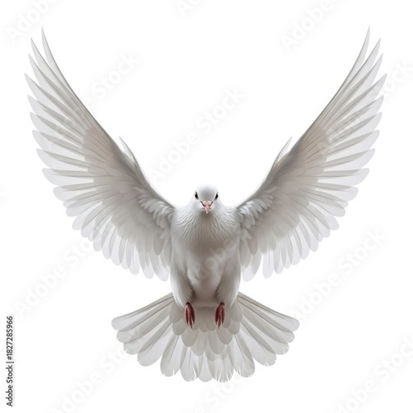 Obraz A beautiful white dove with wings spread wide flying isolated on white background