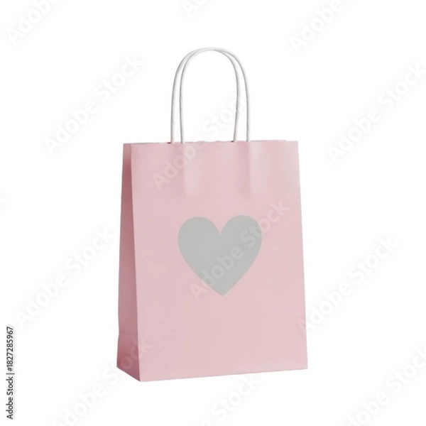 Obraz Small pastel pink paper gift bag with a light grey heart design isolated on white background