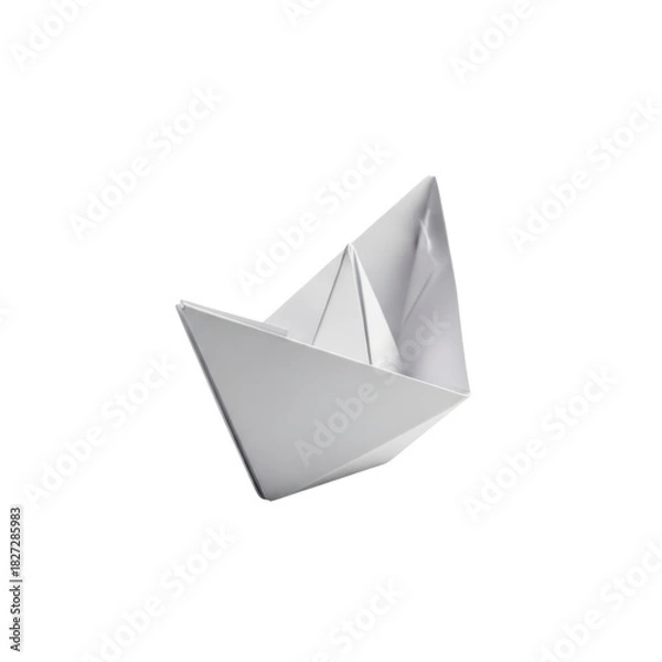 Fototapeta A simple white paper origami boat floating in space isolated on white background