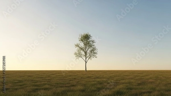 Obraz Solitary tree standing gracefully in a serene meadow at sunset casting soft shadows providing