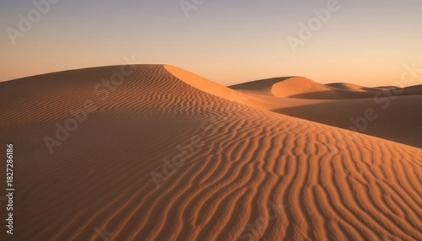 Obraz Tranquil golden desert landscape with rippled sand dunes at sunset creating serene atmosphere
