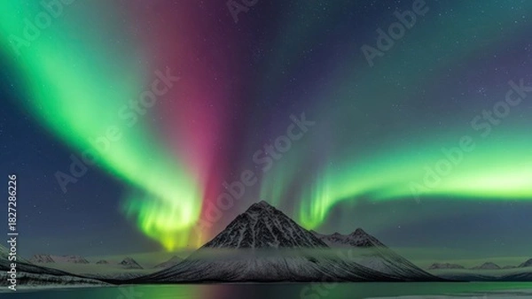 Fototapeta Majestic Aurora Borealis Display Over a Snowy Mountain Landscape reflecting in water