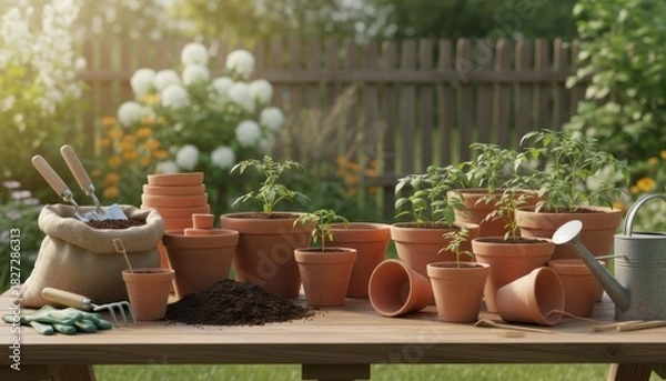 Obraz A serene garden scene featuring gardening tools, terracotta pots, and lush greenery illustrating