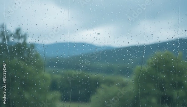 Obraz Raindrops on window overlooking blurred mountains and lush green trees create soothing atmosphere