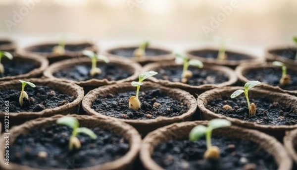 Obraz Emerging Life: Close-Up of Seedlings in Biodegradable Pots Symbolizing New Beginnings and Growth