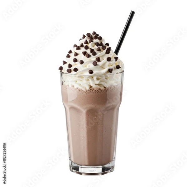 Fototapeta Delicious chocolate milkshake topped with whipped cream and chocolate chips isolated on white background