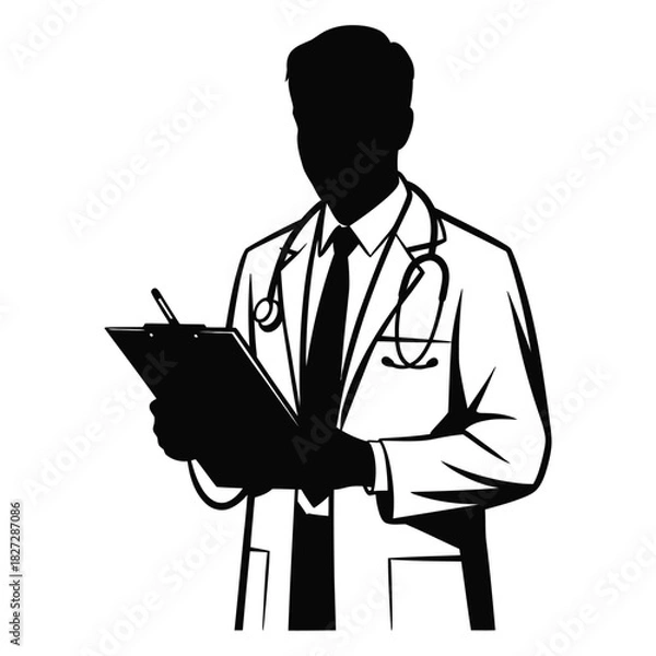 Fototapeta Silhouette of a doctor holding a clipboard isolated on
