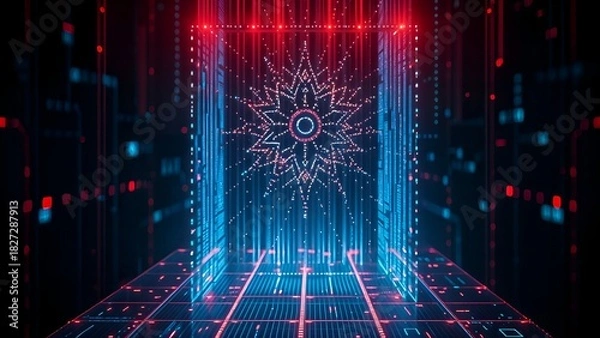 Obraz digital flower in hologram holographic neon box frame aura aurora with line and grid connection 