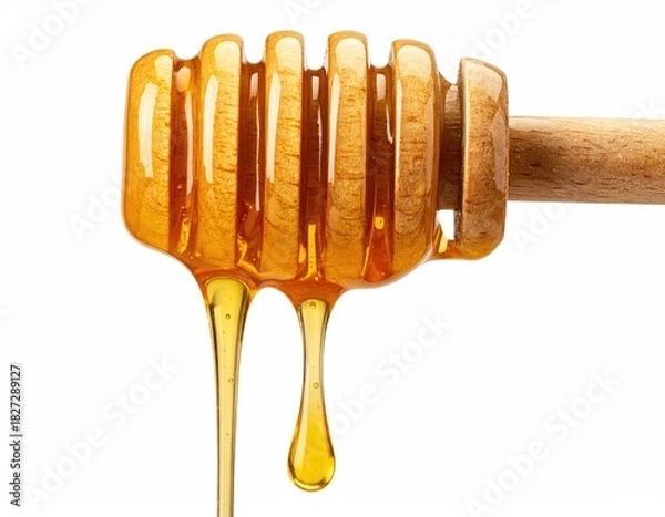 Obraz Honey drips from a wooden dipper, against a white background