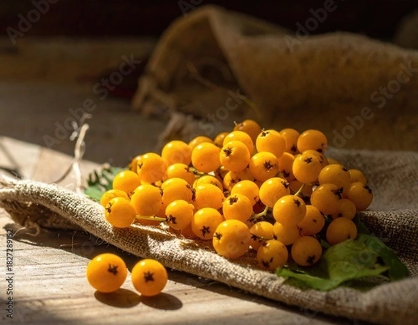 Obraz Cluster of bright yellow berries on burlap under warm sunlight