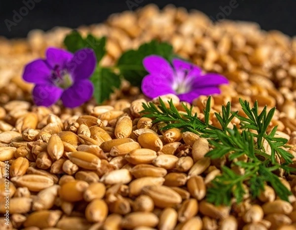 Obraz Wheat grain pile adorned with purple flowers and green leaves
