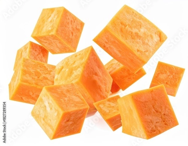 Obraz Orange cubes float, textured surface, against white