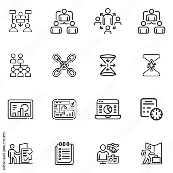 Obraz A comprehensive set of outline icons representing various organizational elements and concepts for professional design applications