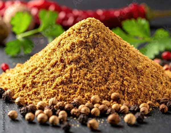 Obraz Golden spice pyramid on slate, peppers, cilantro behind