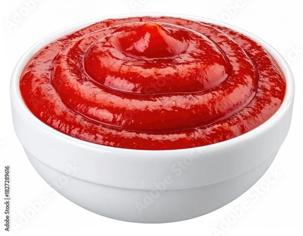 Obraz Ketchup in bowl. Red, swirling condiment on white background