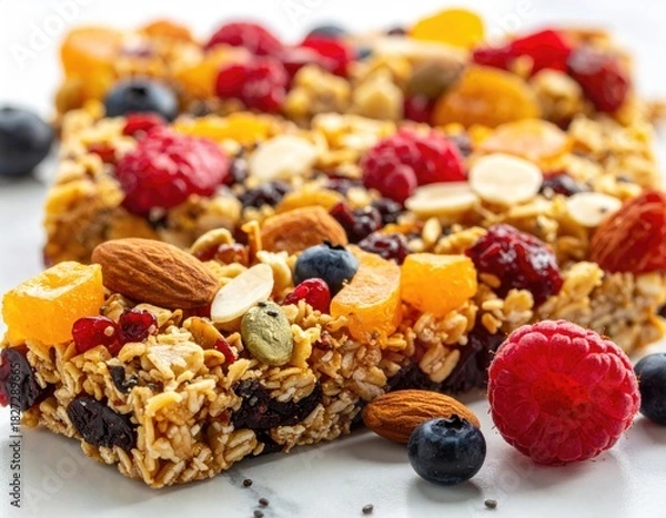 Obraz Berry, fruit, nut, grain square snack on marble