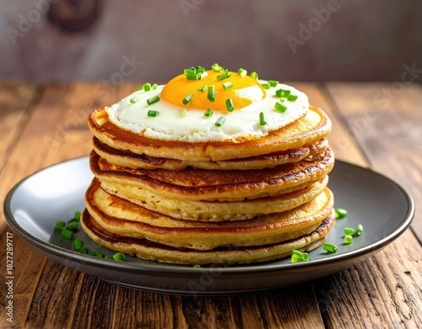 Obraz Pancakes topped w/ egg & chives on gray plate, wood table