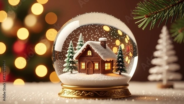 Obraz Snow globe with house and snowcovered trees