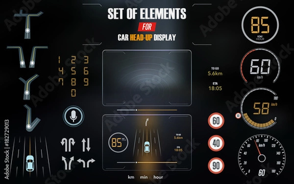 Obraz Set of modern head up display and elements for it. HUD interface. Vector Illustration.
