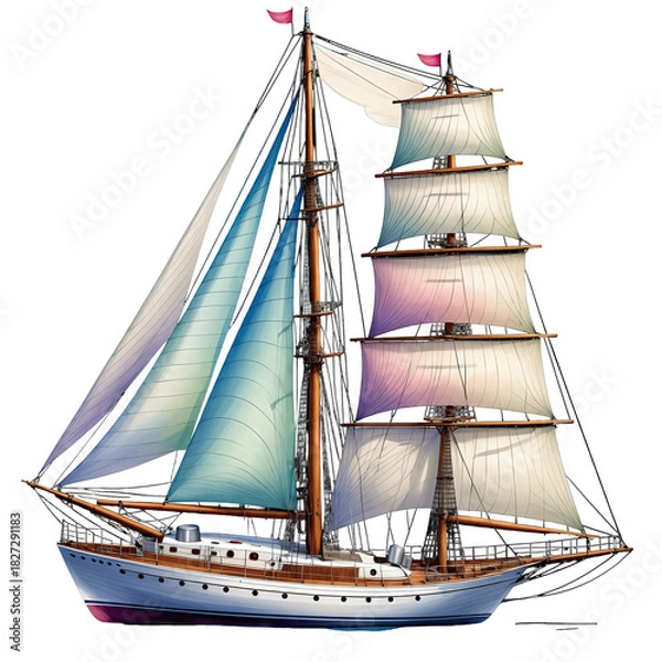 Obraz Detailed Watercolor Illustration of a White Tall Ship With Full Sails on a Calm Sea Under a Light Blue Sky