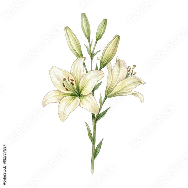 Obraz Detailed Watercolor Painting of a Delicate White Lily Flower Cluster with Green Stems and Buds on a Transparent Background