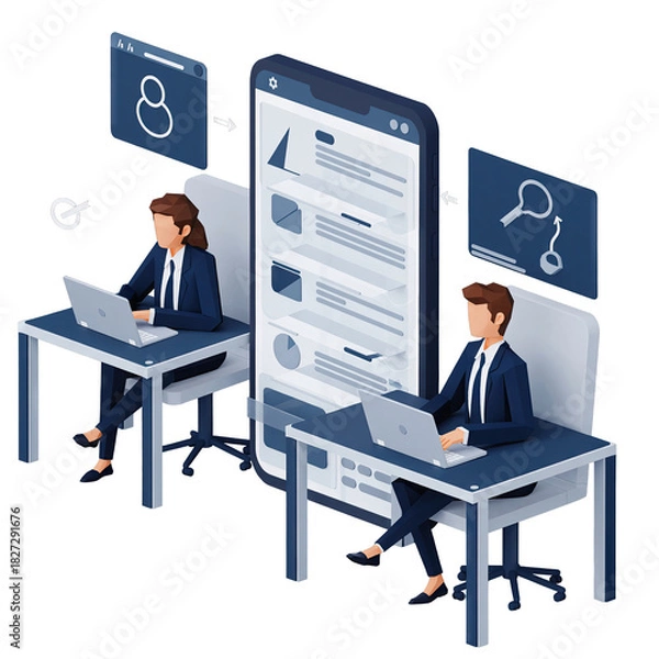 Obraz Digital Shopping Concept People Use Laptops and Smartphones for Online Purchases and Delivery Tracking Flat Illustration with Transparent Background
