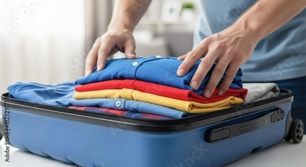 Fototapeta A traveler neatly stacks colorful shirts in a blue suitcase, ready for a trip. The scene conveys organization, preparation, and travel readiness with bright, folded garments.