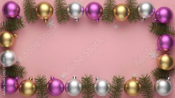 Fototapeta Illustration of christmas ornament border frame with pine branch on pink background