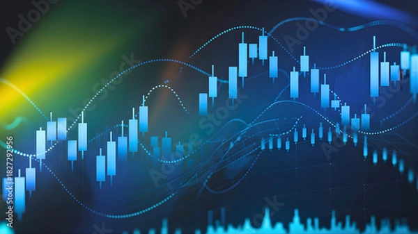 Obraz Dynamic digital representation of a financial market candlestick chart, illustrating real-time data analysis, economic trends, and investment strategies in a technological business environment