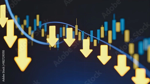 Obraz Financial crisis and market collapse concept, featuring a bearish candlestick chart with falling yellow arrows symbolizing an economic recession