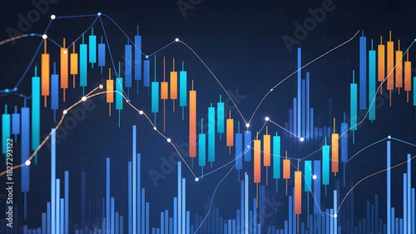 Obraz Stock market financial data analysis background with colorful candlestick charts and graphs
