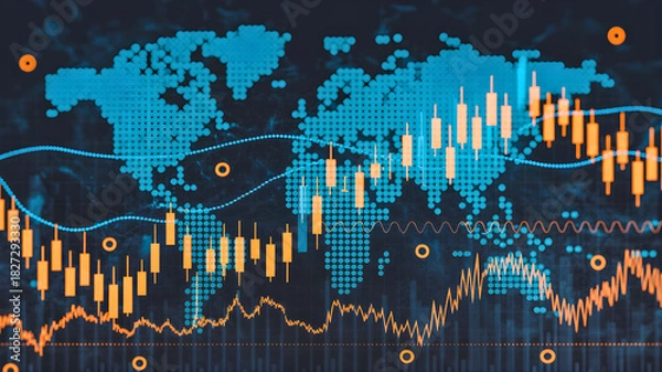 Obraz Global financial markets data visualization with world map overlay and stock market candlestick charts