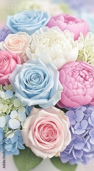 Fototapeta Delicate Pastel Bouquet with Roses and Hydrangeas for Celebratory Events