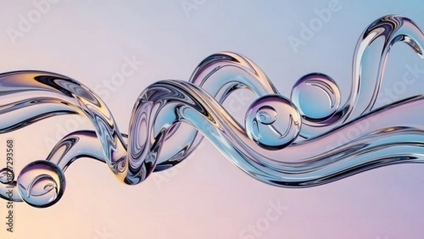 Fototapeta Abstract 3D Render of Flowing Clear Glass or Liquid Shapes with Curving Lines and Sphere Accents, Reflecting Vibrant Holographic Gradient Colors