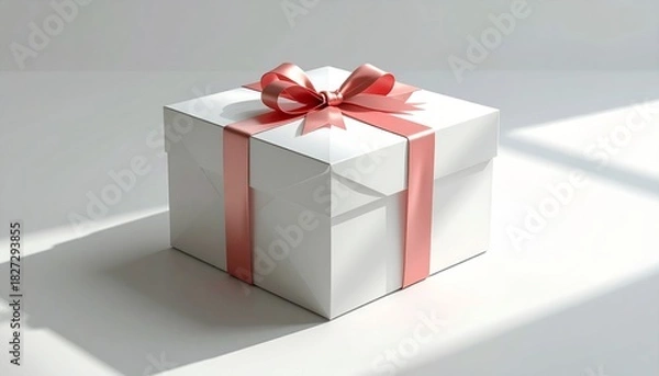 Obraz Elegant White Gift Box with Pink Ribbon on a Bright Background