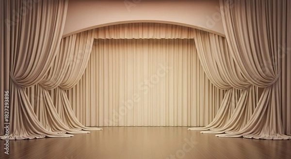 Obraz Elegant draped stage curtains revealing warm wood floor presentation scene