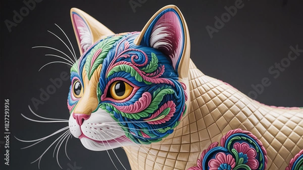 Obraz Illustration of closeup of a decorative cat sculpture with colorful patterned face