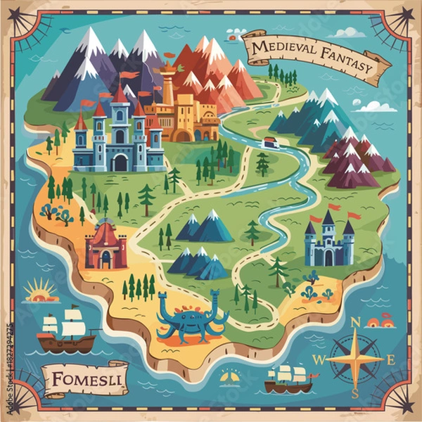 Fototapeta Cartoon medieval fantasy map with castles mountains and sea creatures illustration