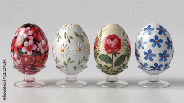 Fototapeta Illustration of four intricately decorated easter egg display on clear stand