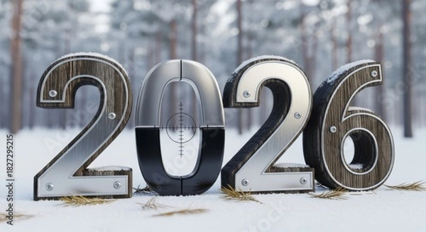 Fototapeta Target Year of 2026 in Snowy Woods - The year 2026 displayed in a wintery forest. The zero is designed to look like a rifle sight symbolizing precision, goals, aspiration, achievement, and future