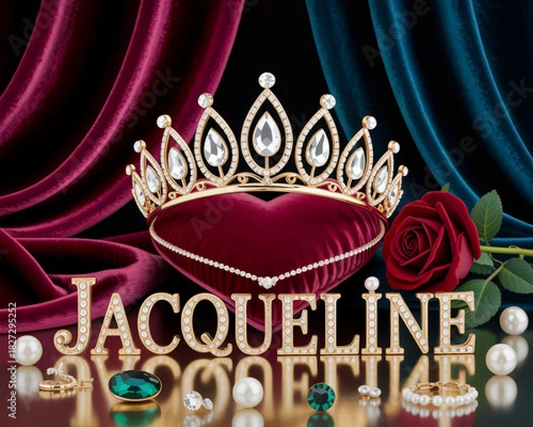 Fototapeta Illustration of royal crown on heart pillow with name jacqueline and rose