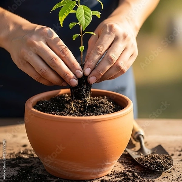 Obraz Gentle hands planting a young seedling into a terracotta pot of soil