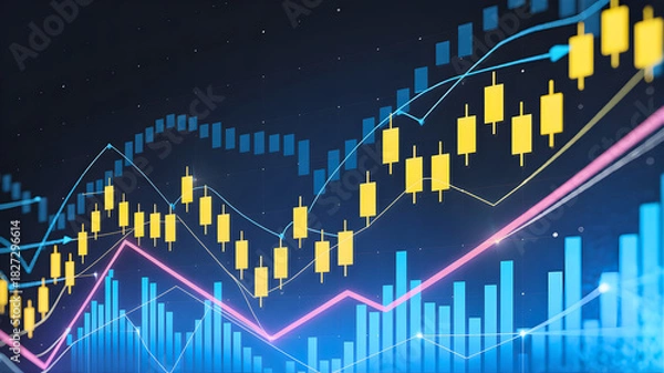 Obraz Financial market analysis with candlestick charts and moving averages on a blue background, representing stock trading and investment growth