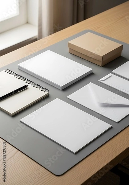Fototapeta Minimalist Stationery Mockup Displayed on Neutral Desk for Branding Purposes
